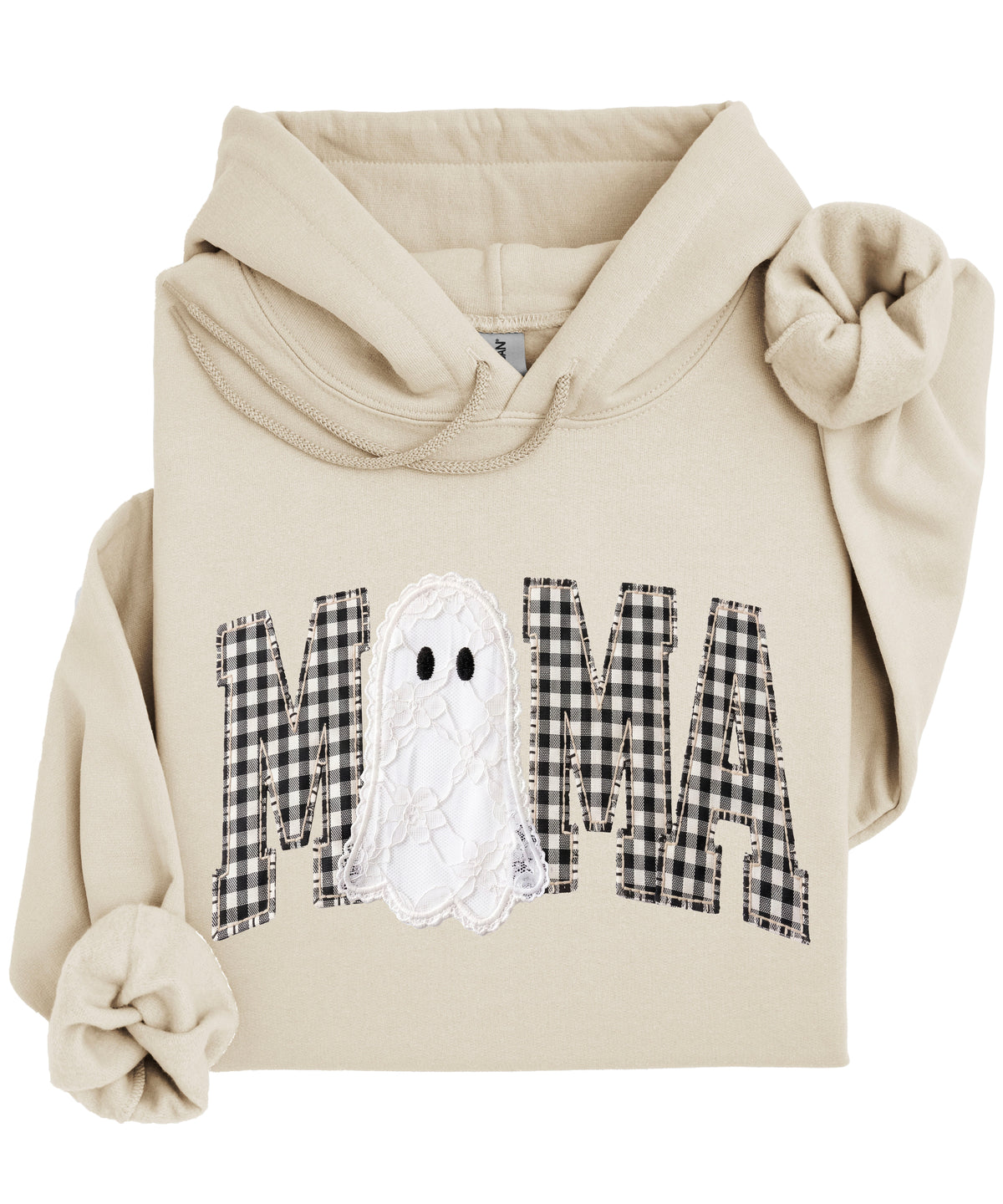 Sand gingham MAMA ghost Halloween hoodie, styled detail shot