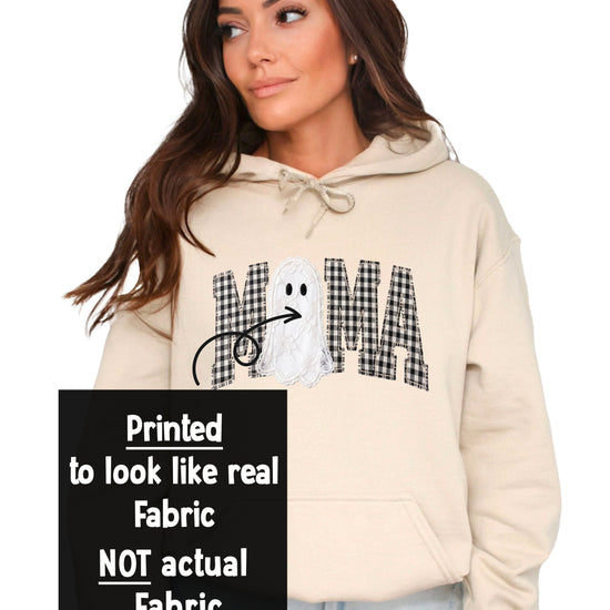 Close-up of the ink-printed gingham check MAMA graphic with a lace-look ghost