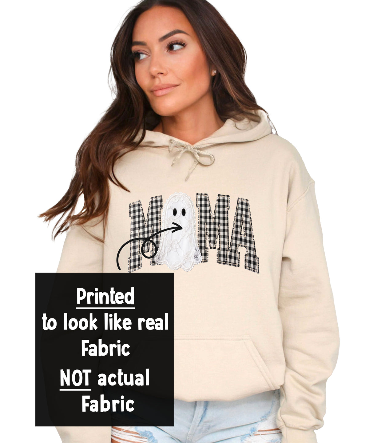 Close-up of the ink-printed gingham check MAMA graphic with a lace-look ghost