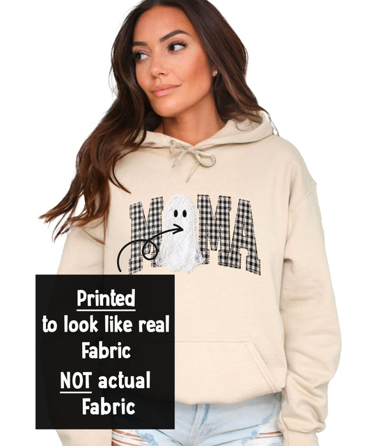 Close-up of the ink-printed gingham check MAMA graphic with a lace-look ghost