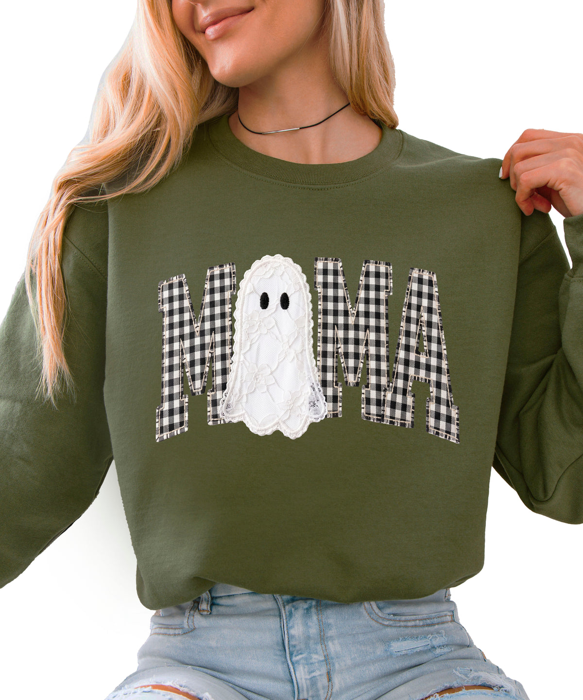 Mama gingham ghost Halloween sweatshirt, Army Green Sweatshirt, front view