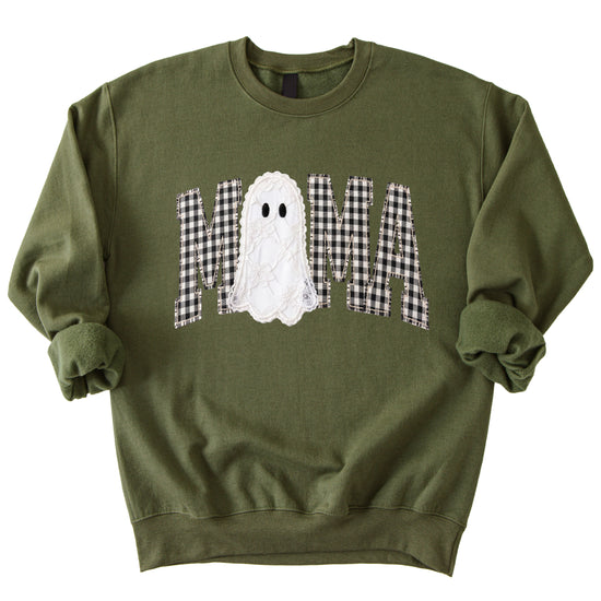 Mama gingham ghost Halloween sweatshirt, Army Green Sweatshirt, styled view