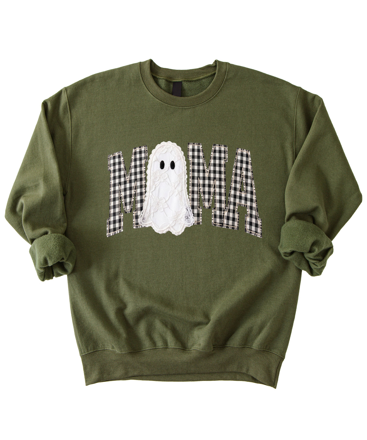 Mama gingham ghost Halloween sweatshirt, Army Green Sweatshirt, styled view