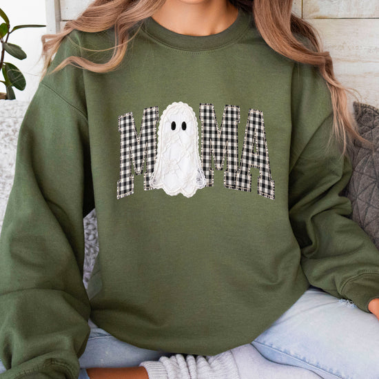 Mama gingham ghost Halloween sweatshirt, Army Green Sweatshirt, detail view