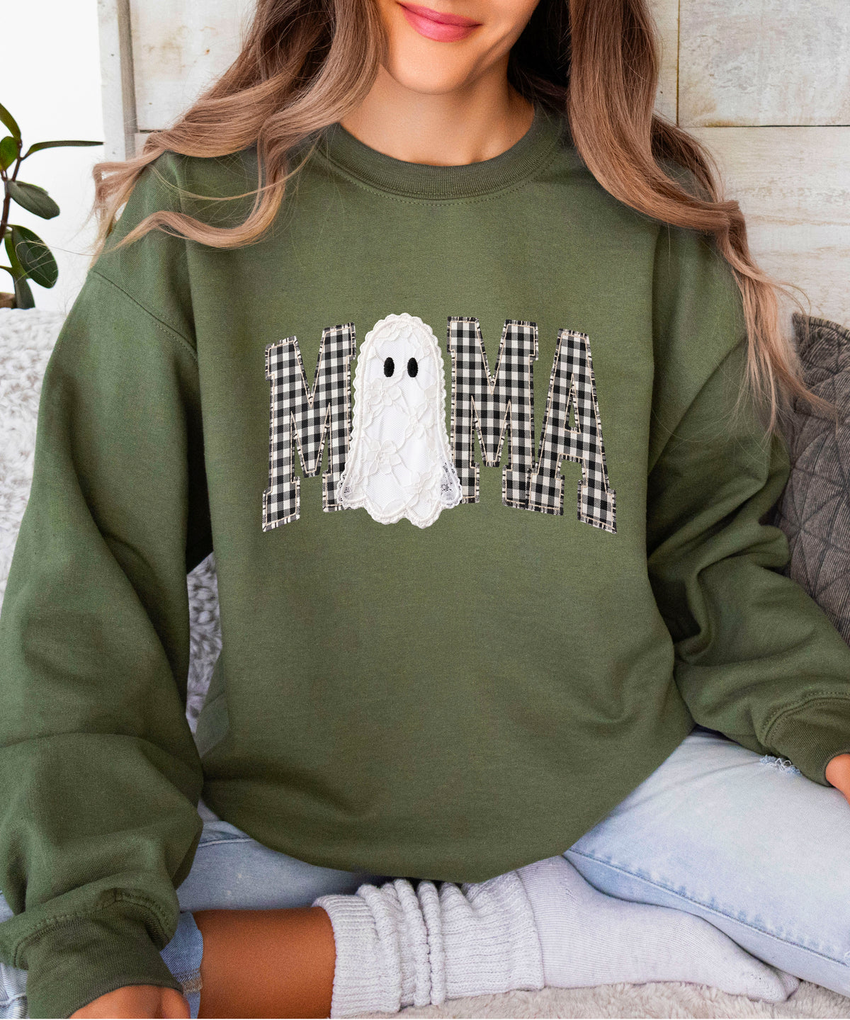 Mama gingham ghost Halloween sweatshirt, Army Green Sweatshirt, detail view