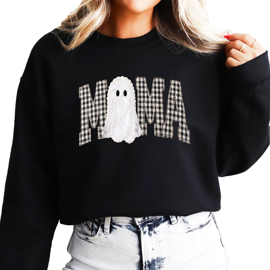 Mama gingham ghost Halloween sweatshirt, Black Sweatshirt, front view