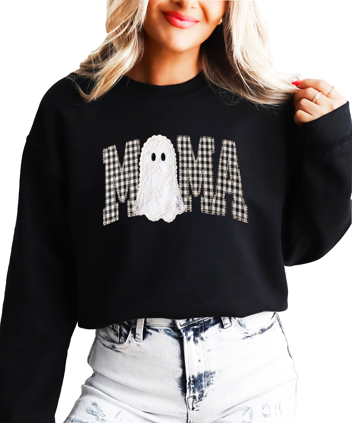 Mama gingham ghost Halloween sweatshirt, Black Sweatshirt, front view
