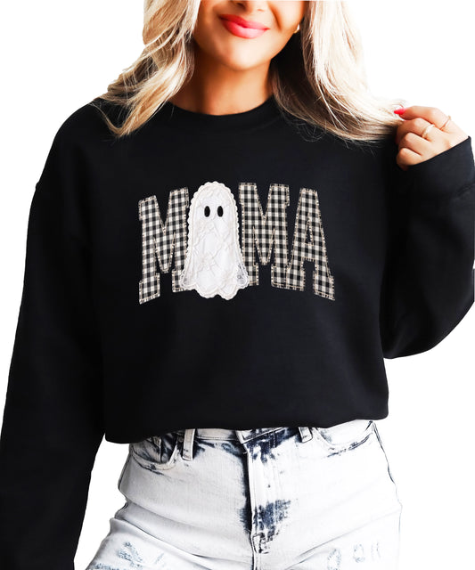 Mama gingham ghost Halloween sweatshirt, Black Sweatshirt, front view