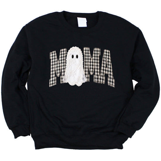 Mama gingham ghost Halloween sweatshirt, Black Sweatshirt, styled view