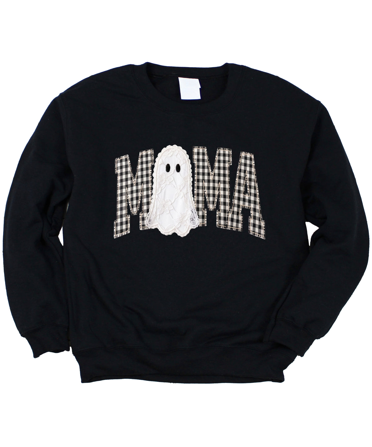 Mama gingham ghost Halloween sweatshirt, Black Sweatshirt, styled view