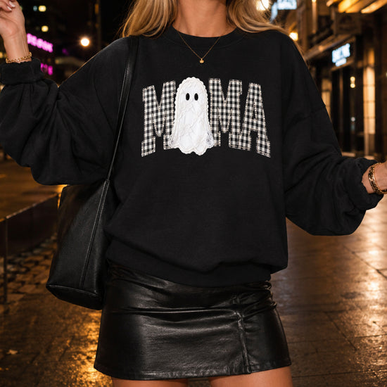 Mama gingham ghost Halloween sweatshirt, Black Sweatshirt, detail view