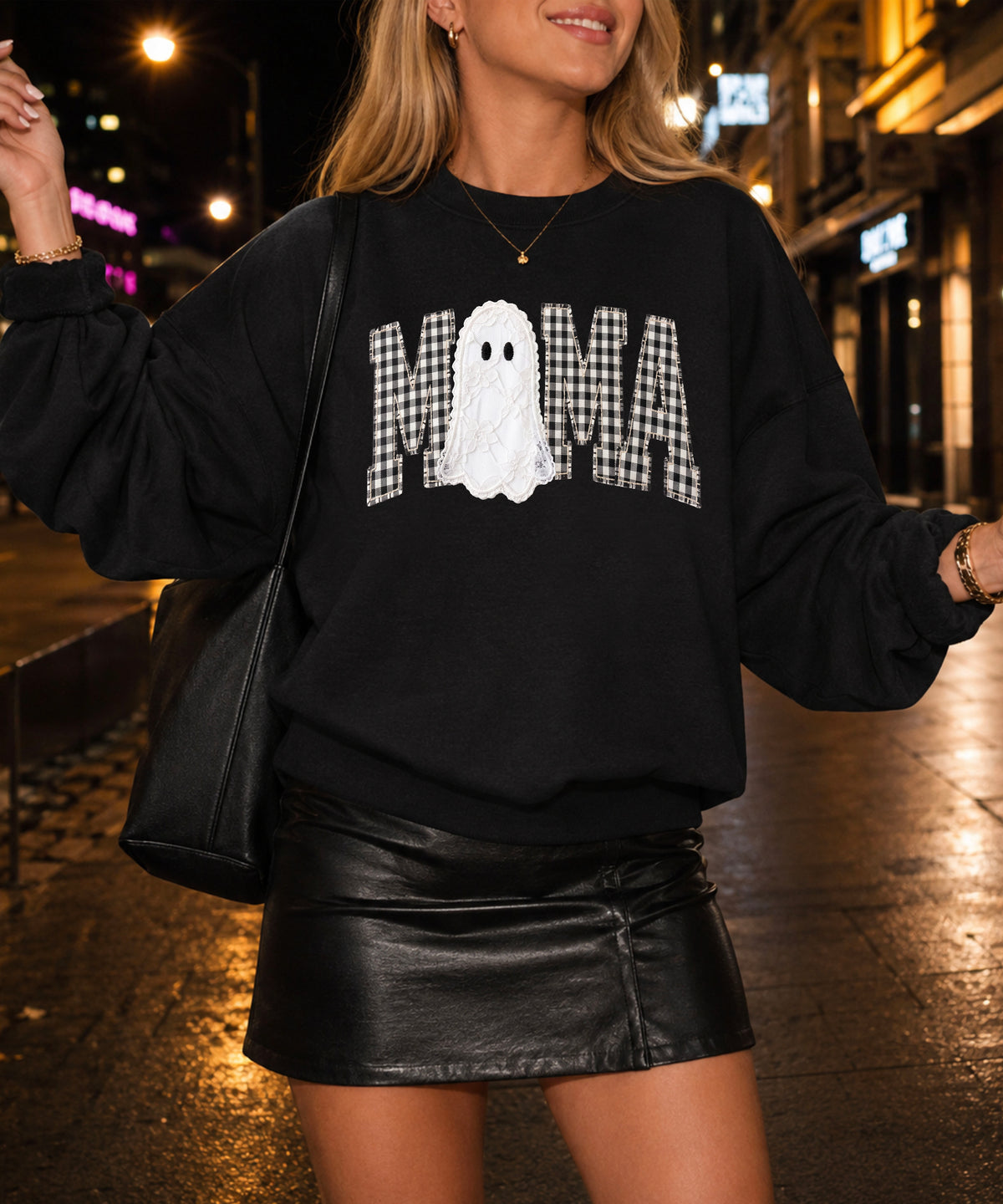 Mama gingham ghost Halloween sweatshirt, Black Sweatshirt, detail view