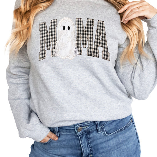 Mama gingham ghost Halloween sweatshirt, Gray Sweatshirt, front view