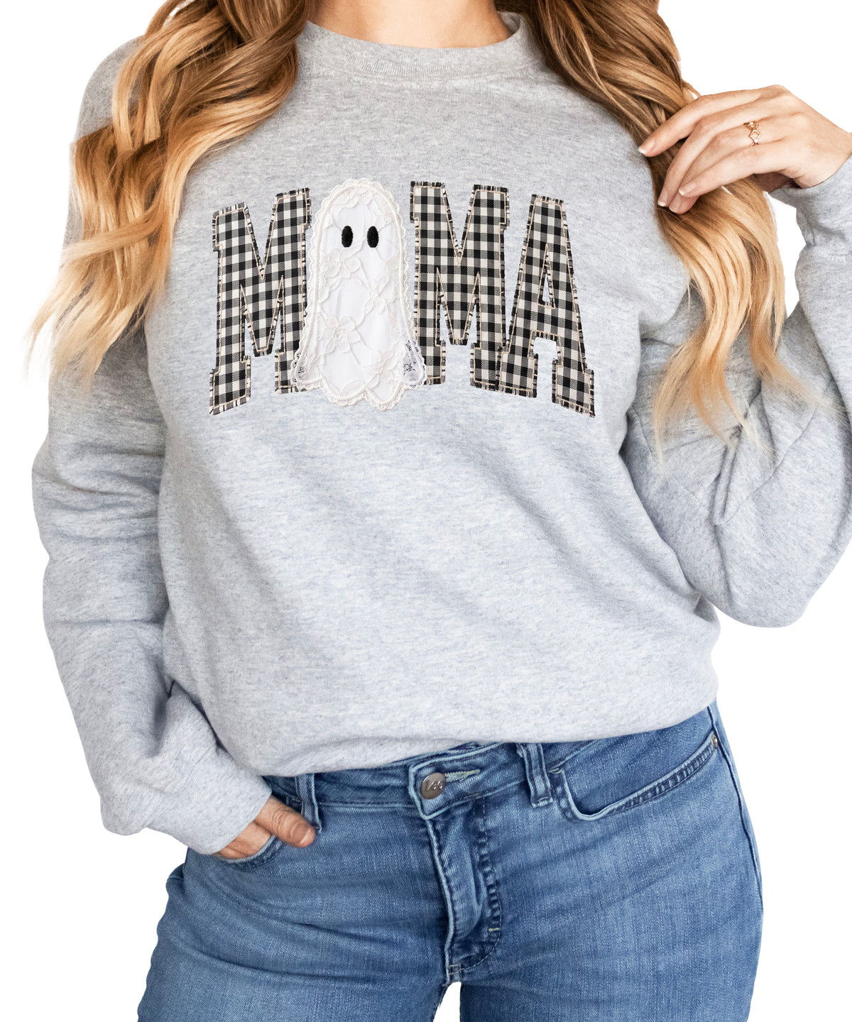 Mama gingham ghost Halloween sweatshirt, Gray Sweatshirt, front view