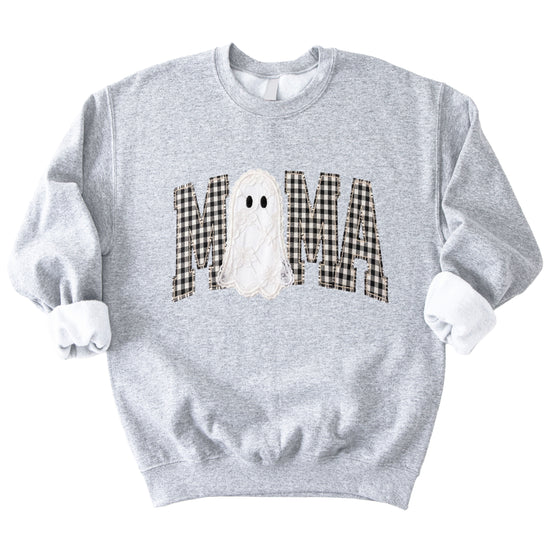 Mama gingham ghost Halloween sweatshirt, Gray Sweatshirt, styled view
