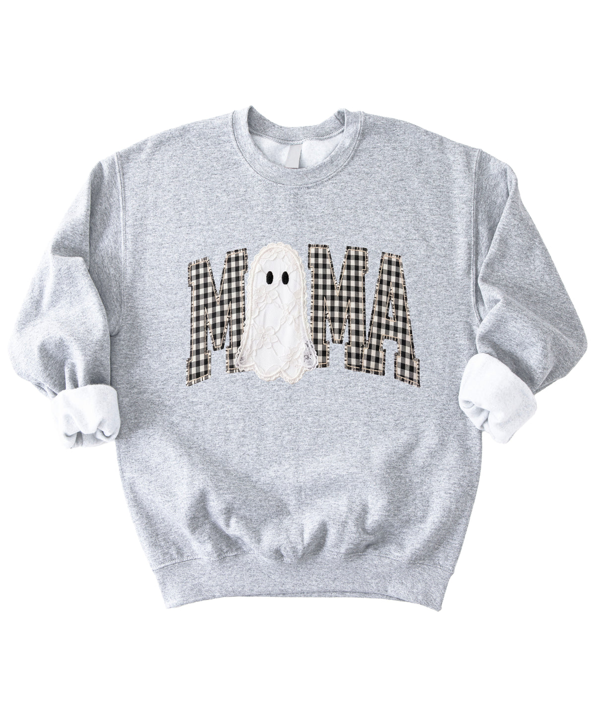 Mama gingham ghost Halloween sweatshirt, Gray Sweatshirt, styled view