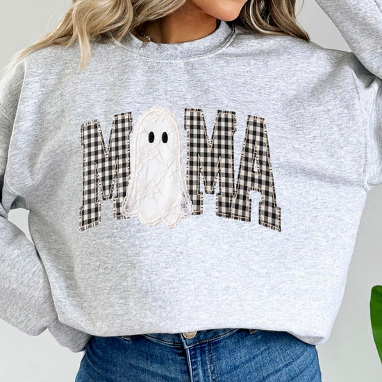 Mama gingham ghost Halloween sweatshirt, Gray Sweatshirt, detail view
