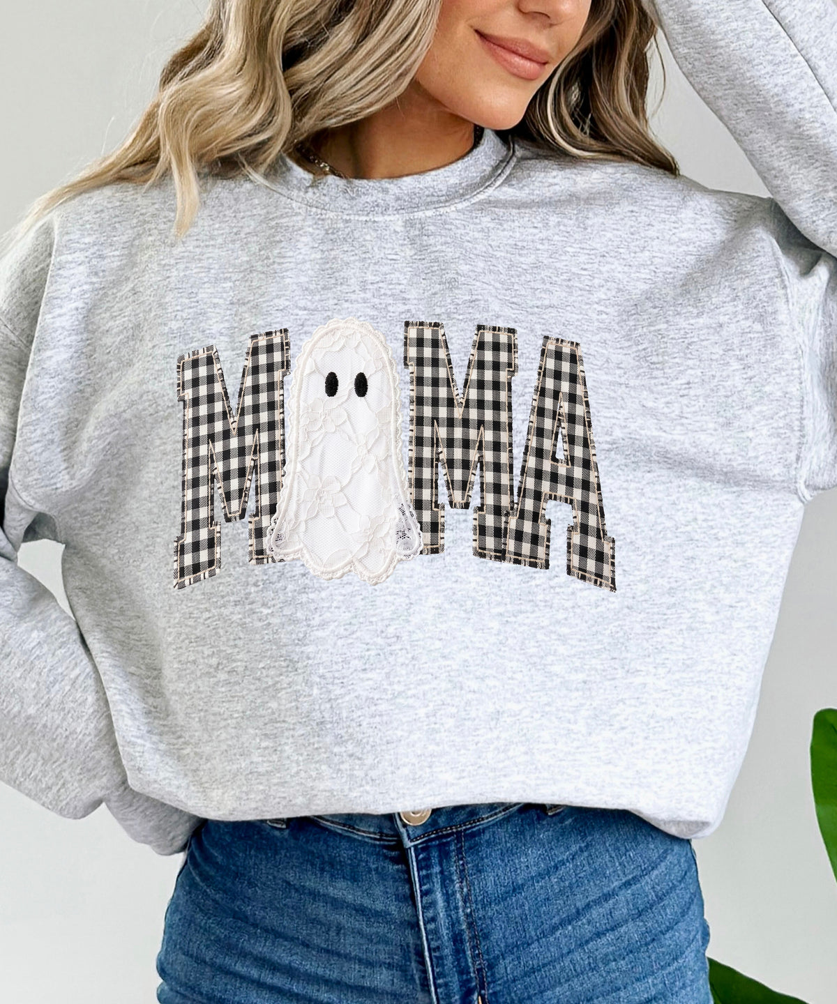 Mama gingham ghost Halloween sweatshirt, Gray Sweatshirt, detail view