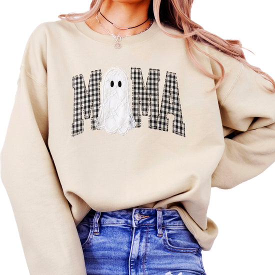 Mama gingham ghost Halloween sweatshirt, Sand Sweatshirt, front view