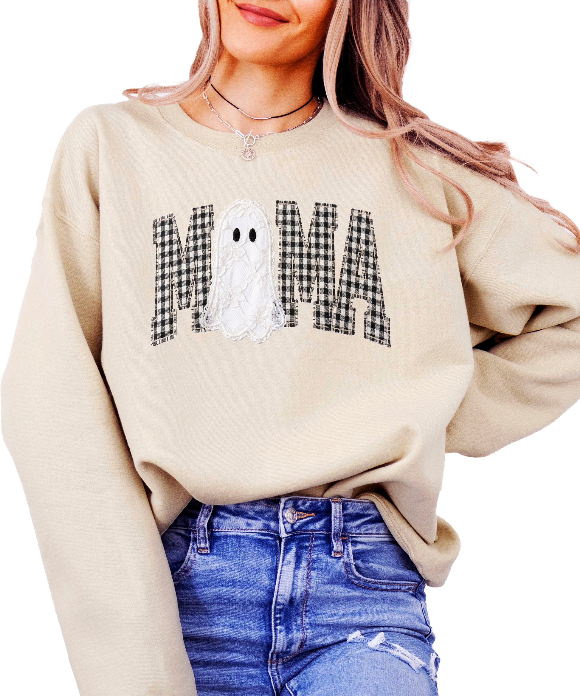 Mama gingham ghost Halloween sweatshirt, Sand Sweatshirt, front view