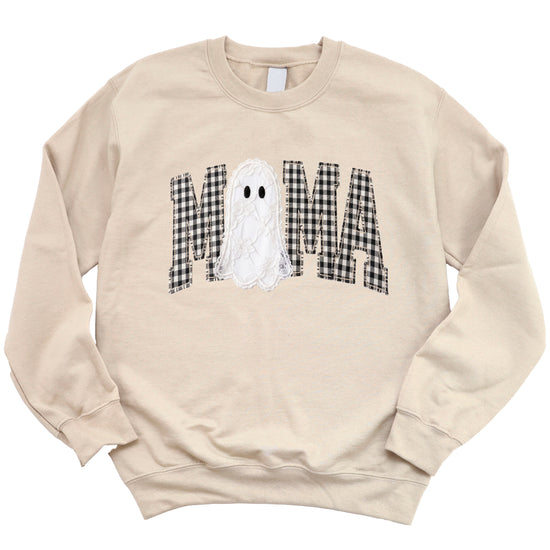 Mama gingham ghost Halloween sweatshirt, Sand Sweatshirt, styled view