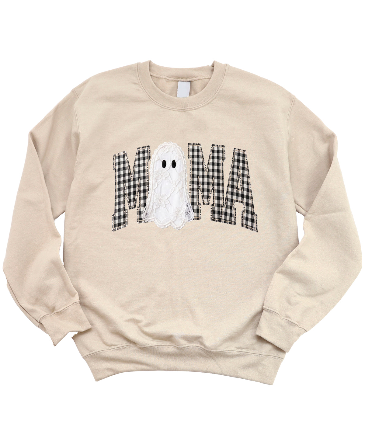 Mama gingham ghost Halloween sweatshirt, Sand Sweatshirt, styled view