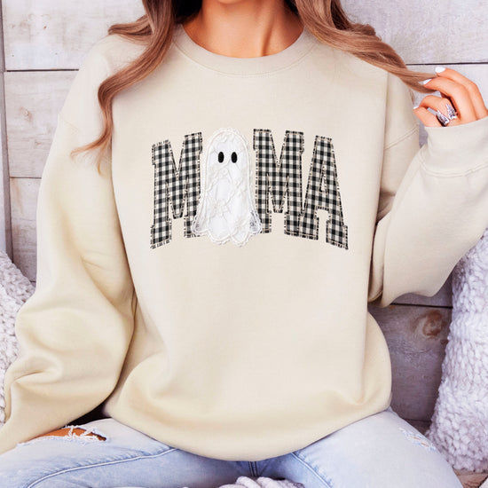 Mama gingham ghost Halloween sweatshirt, Sand Sweatshirt, detail view