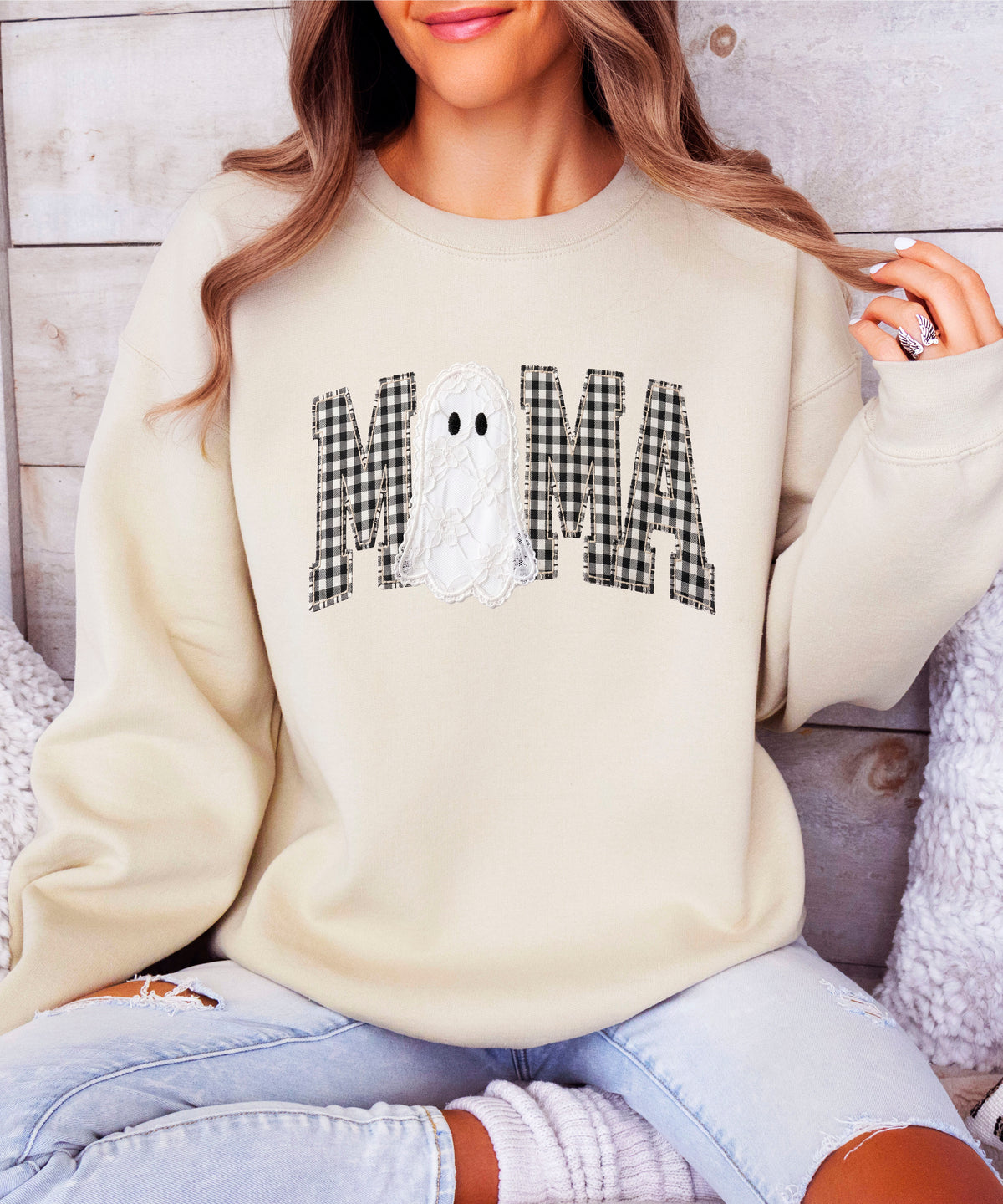 Mama gingham ghost Halloween sweatshirt, Sand Sweatshirt, detail view