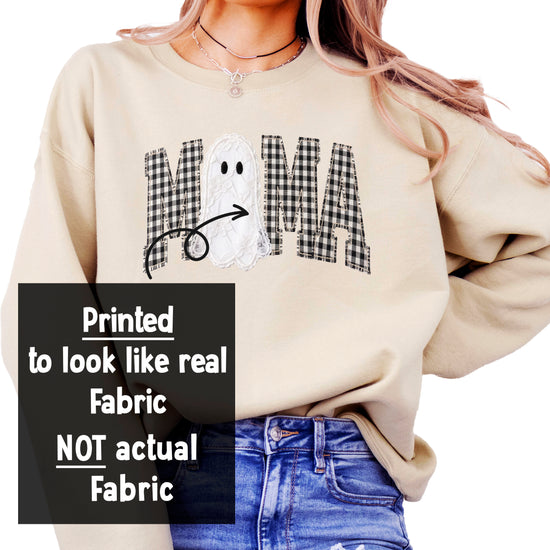 Mama gingham ghost Halloween sweatshirt, close-up of the ink-printed gingham MAMA lettering and lace-look ghost