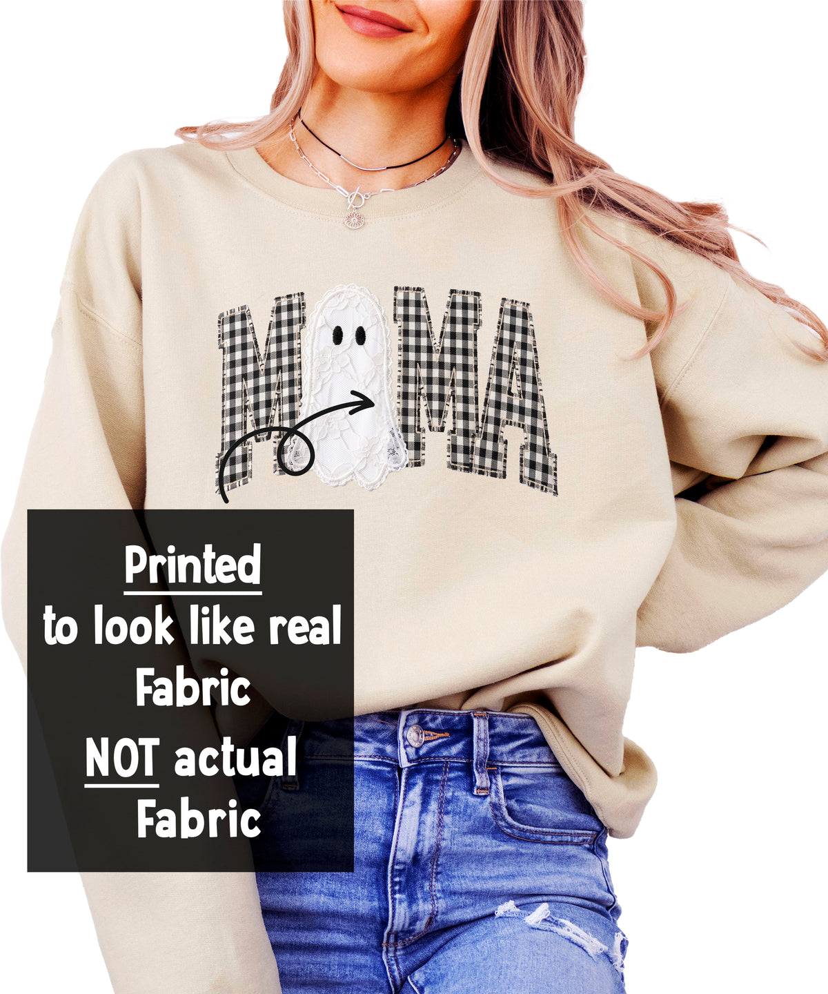 Mama gingham ghost Halloween sweatshirt, close-up of the ink-printed gingham MAMA lettering and lace-look ghost
