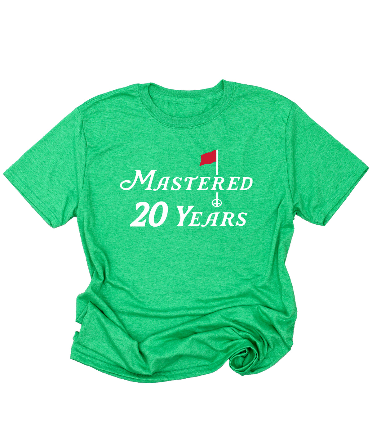 Mastered 20 Years golf 20th birthday shirt in Vintage Green, front view
