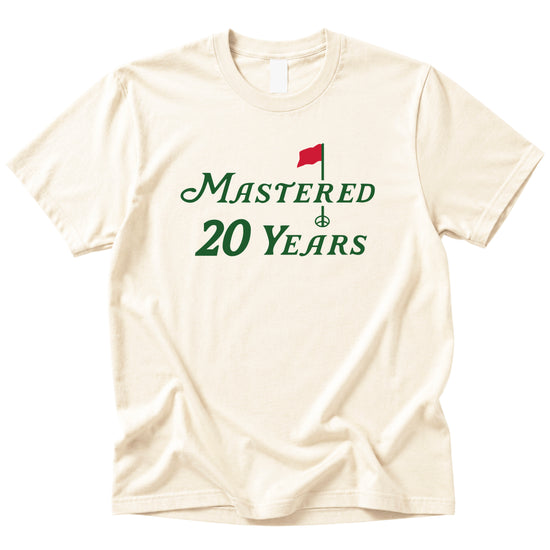 Mastered 20 Years golf 20th birthday shirt in Natural, front view