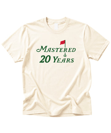 Mastered 20 Years golf 20th birthday shirt in Natural, front view
