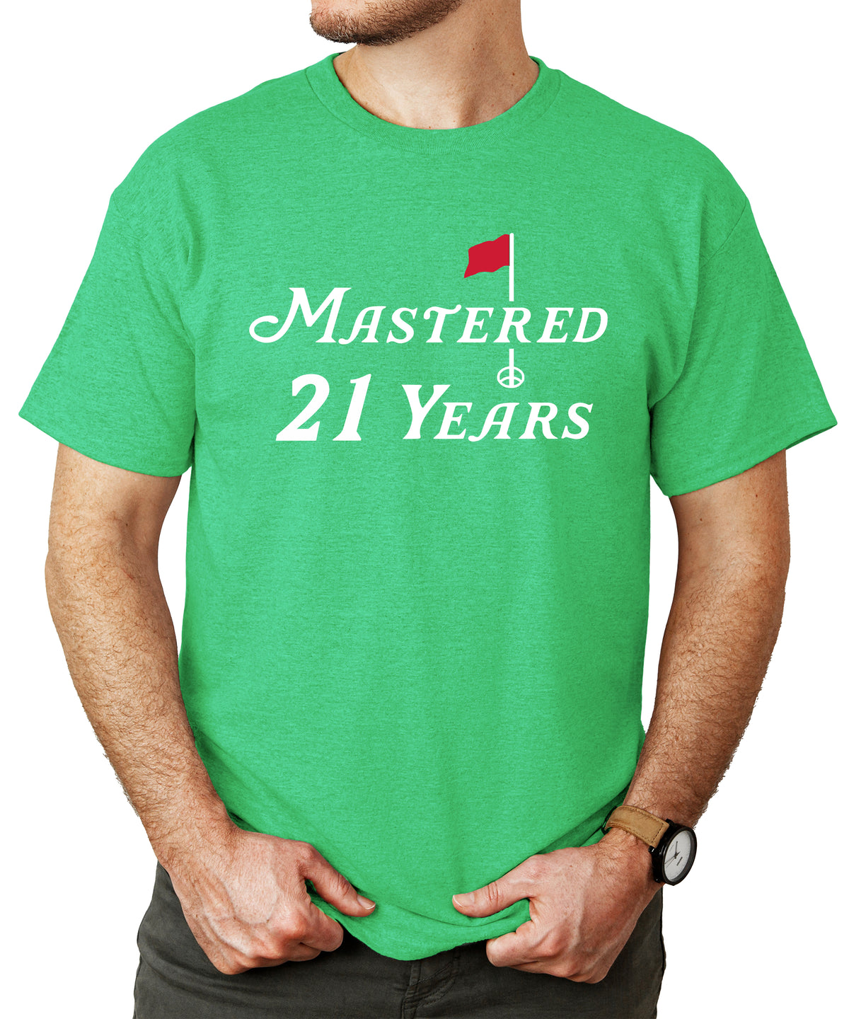 Mastered 21 Years golf 21st birthday shirt in Vintage Green, view 2