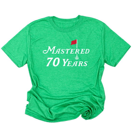 70th birthday golf shirt in Vintage Green, front view
