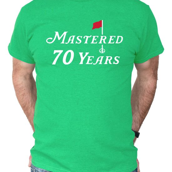 70th birthday golf shirt in Vintage Green, design close-up