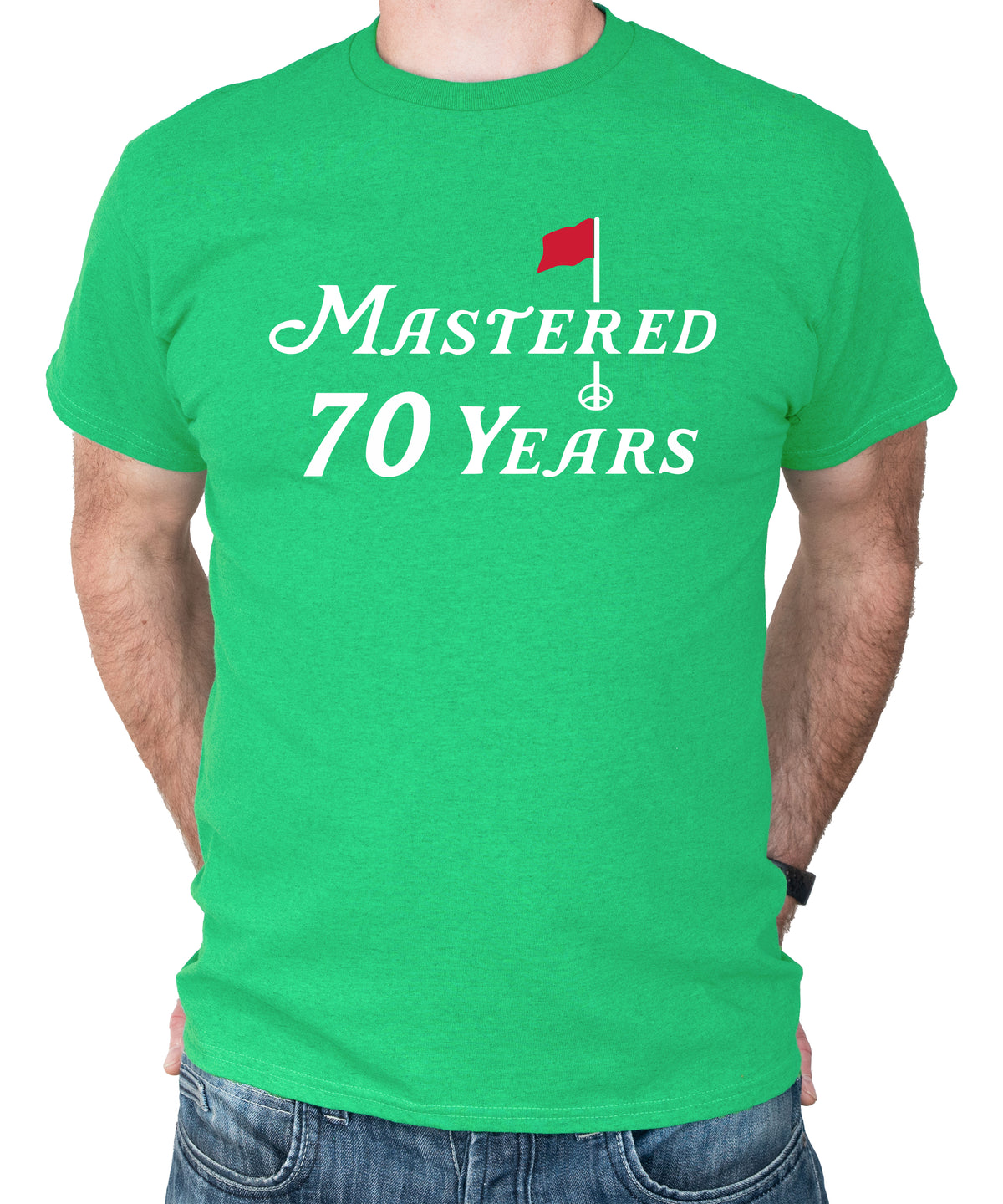 70th birthday golf shirt in Vintage Green, design close-up