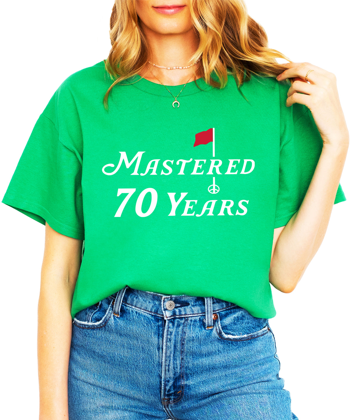 70th birthday golf shirt in Vintage Green, lifestyle view