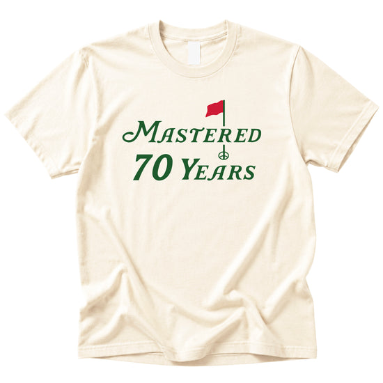 70th birthday golf shirt in Natural, front view