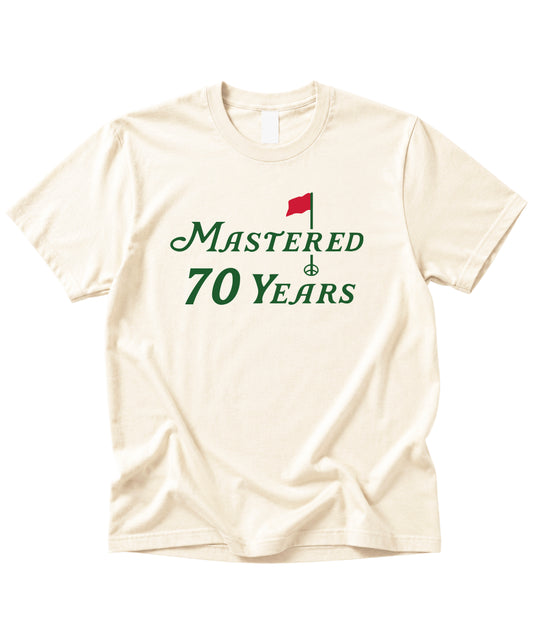 70th birthday golf shirt in Natural, front view