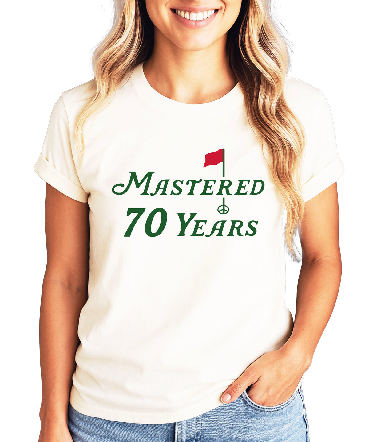 70th birthday golf shirt in Natural, lifestyle view