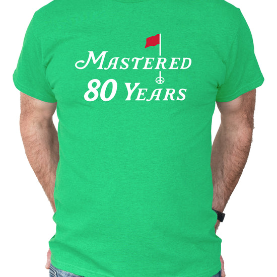 Mastered 80 Years golf shirt, Vintage Green, design close-up