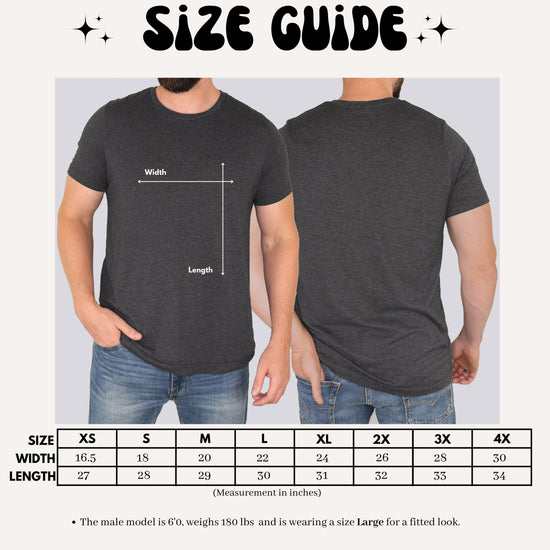 Unisex adult tee size guide chart, mens fit, sizes Small through 2XL