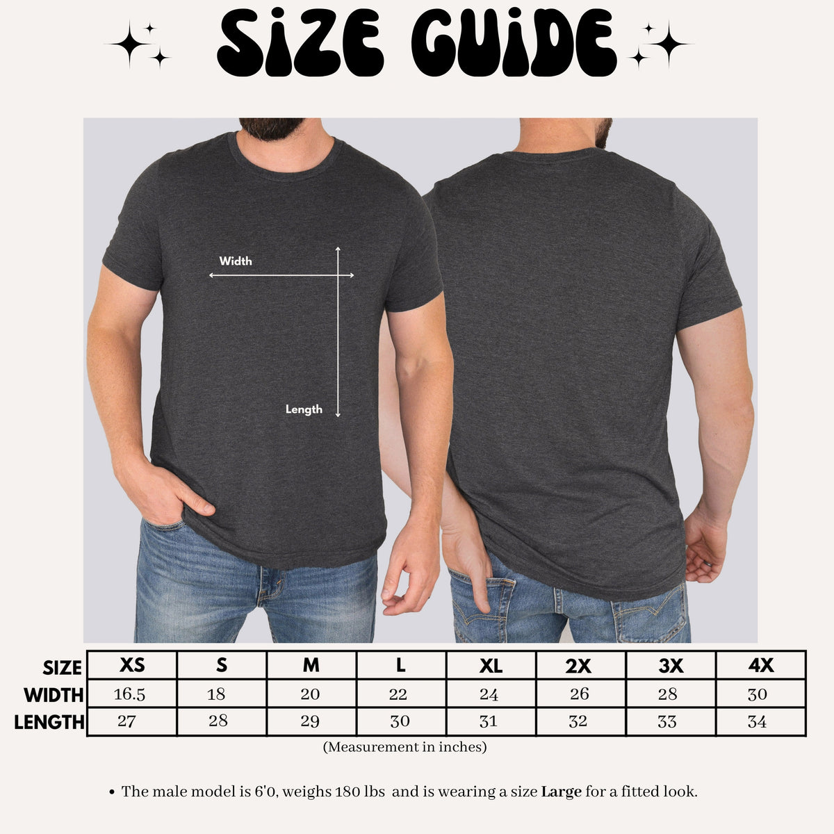 Unisex adult tee size guide chart, mens fit, sizes Small through 2XL