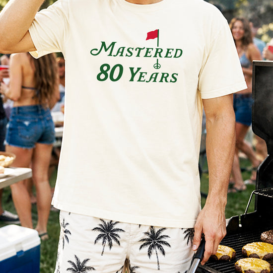 Mastered 80 Years golf shirt, Natural, design close-up