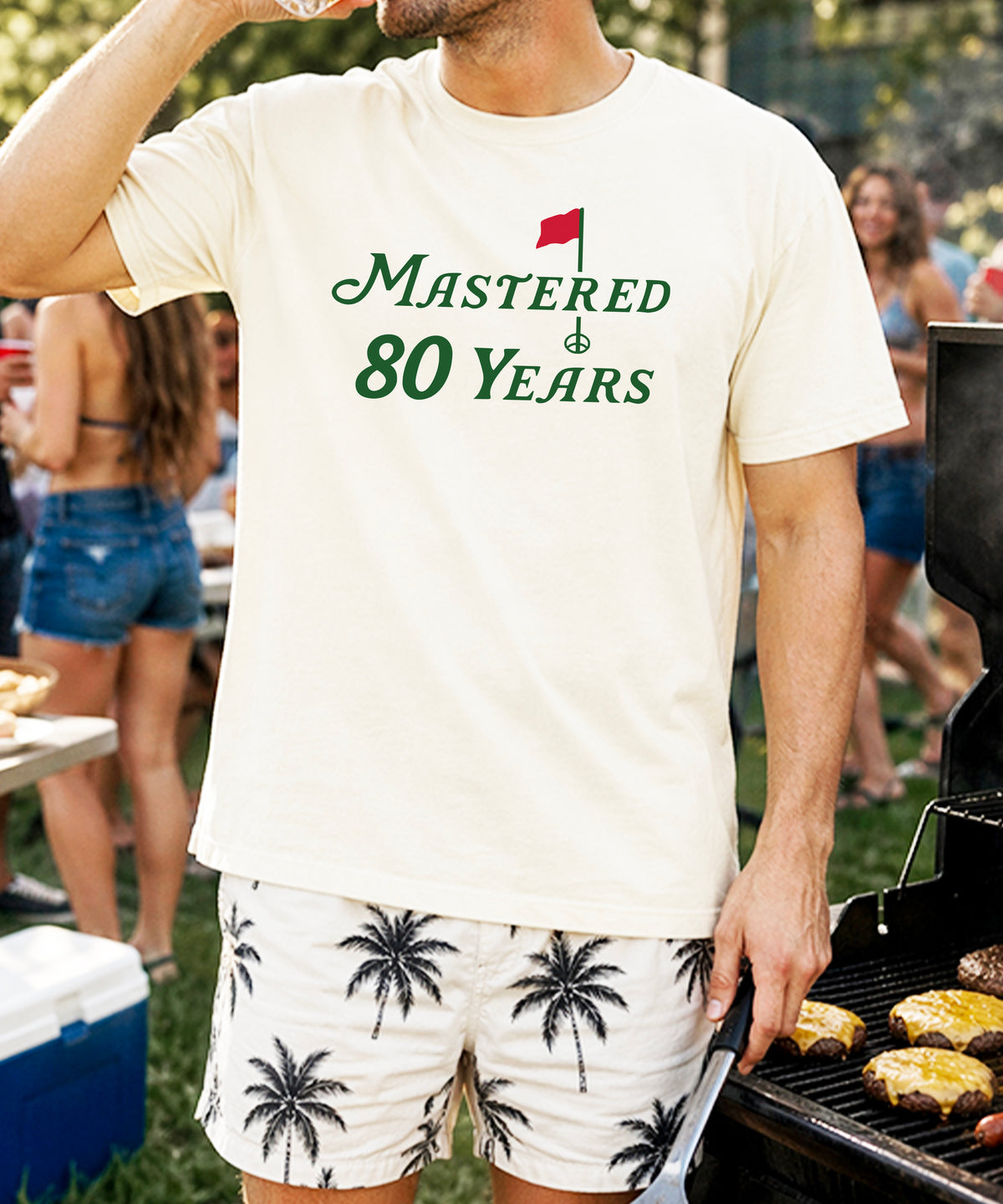 Mastered 80 Years golf shirt, Natural, design close-up
