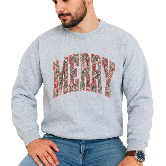 Merry camo Christmas sweatshirt, Gray adult crewneck