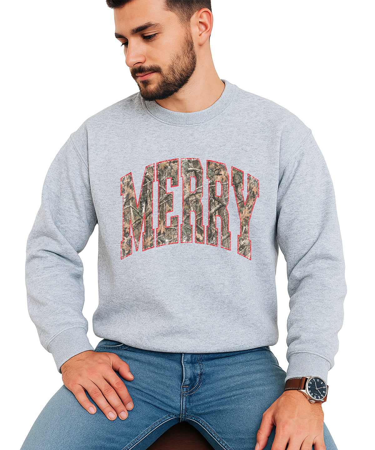 Merry camo Christmas sweatshirt, Gray adult crewneck