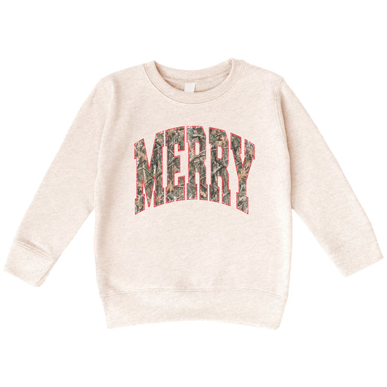 Merry camo Christmas sweatshirt, Natural Heather youth and toddler crewneck