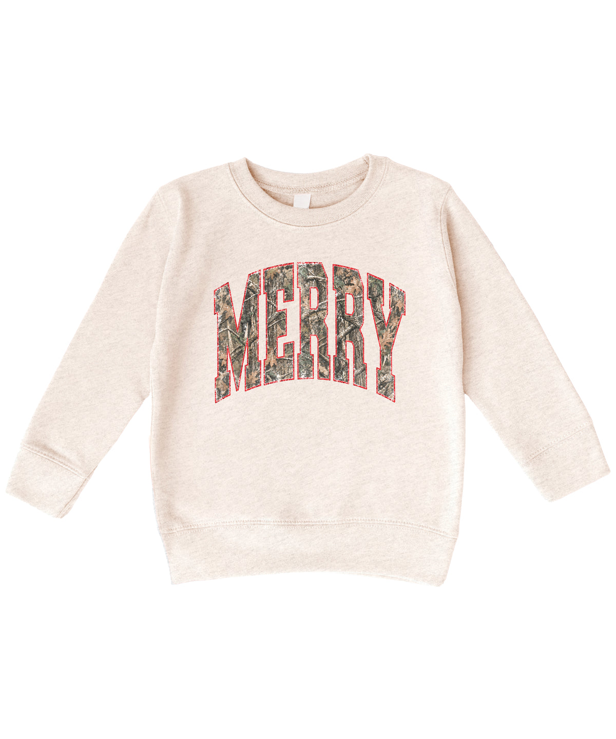 Merry camo Christmas sweatshirt, Natural Heather youth and toddler crewneck